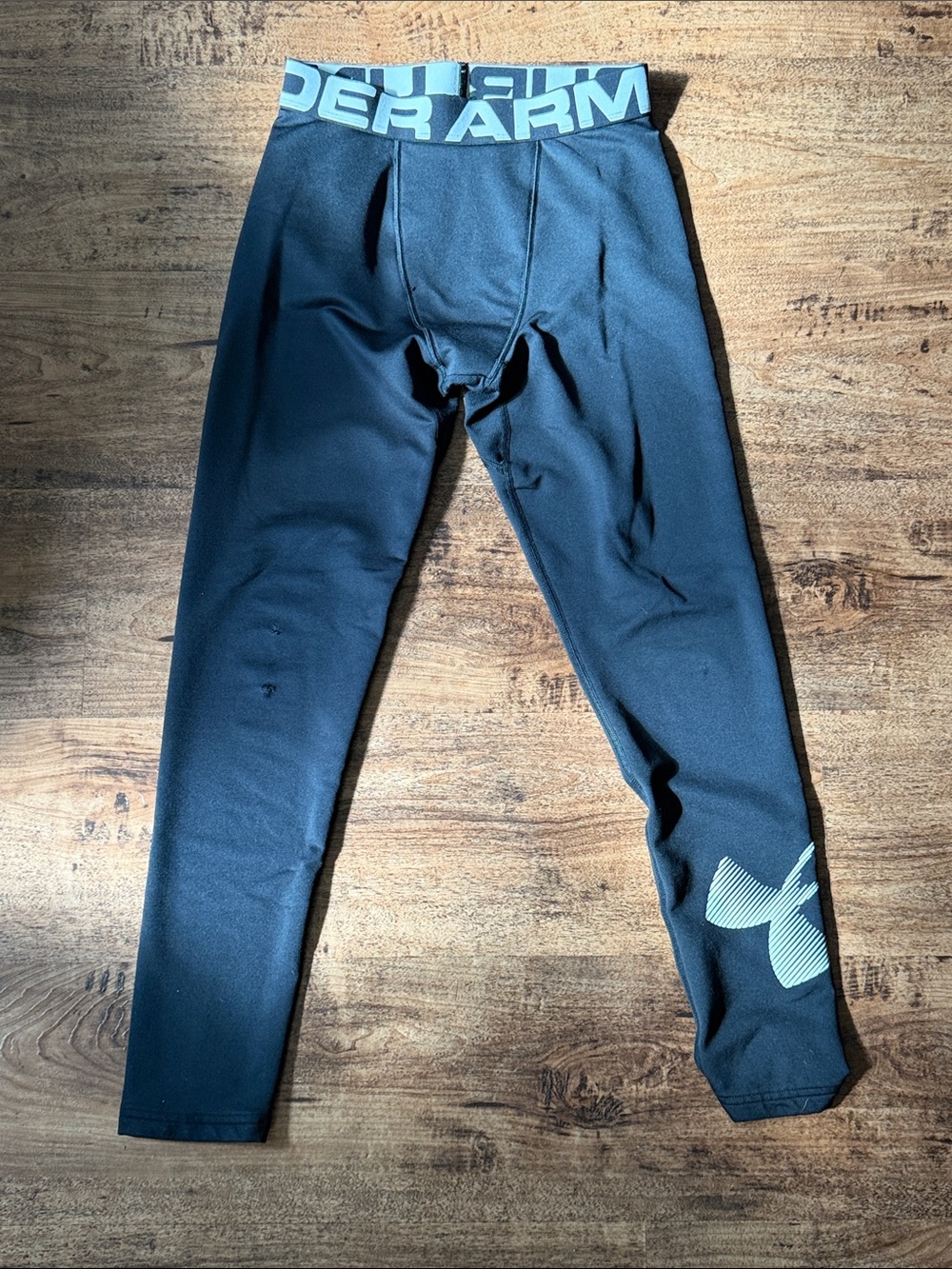 Under Armour Black Kids' Compression Leggings with Light Blue Logo Waistband